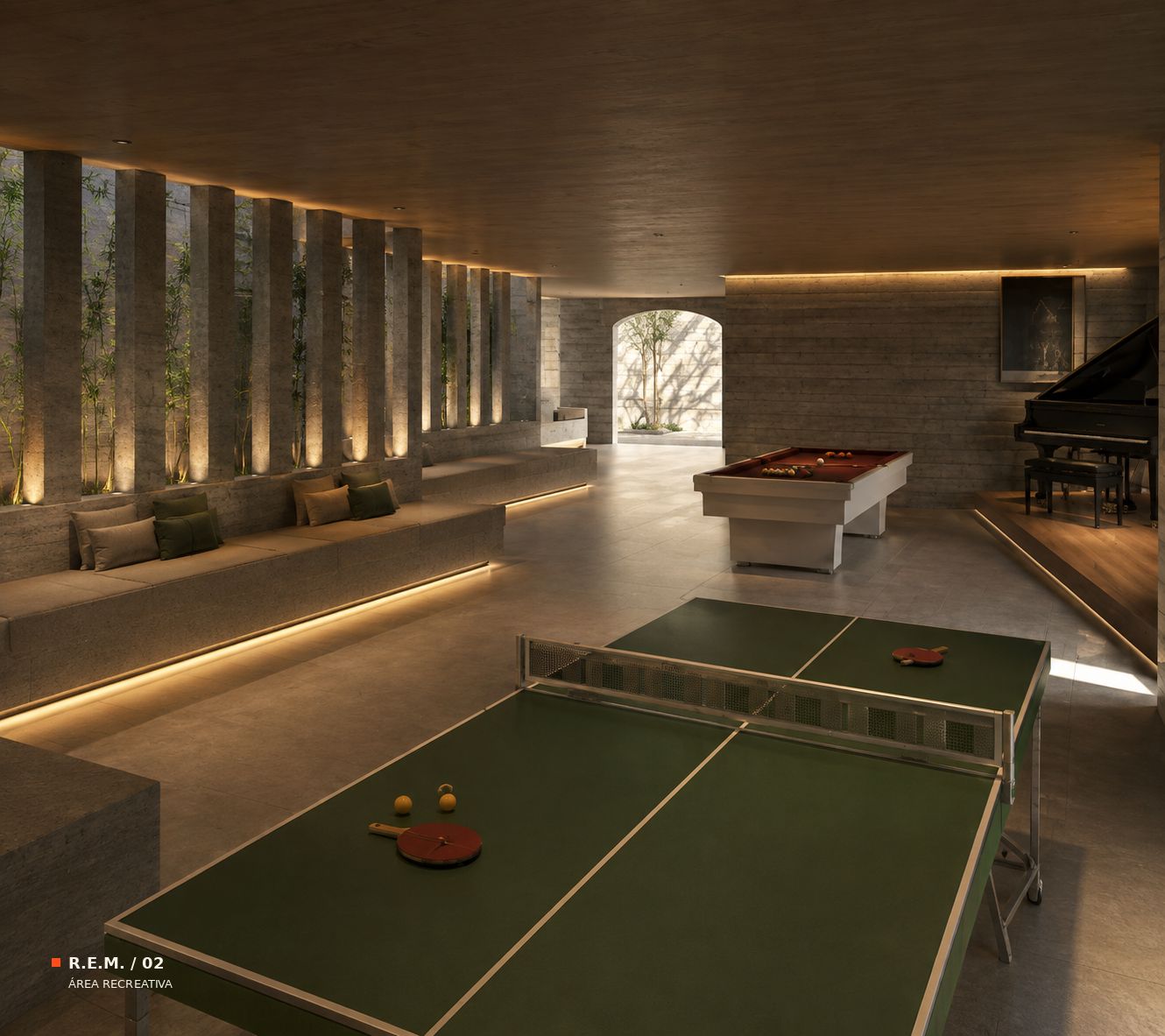 Render del área recreativa con mesa de ping pong, billar y piano