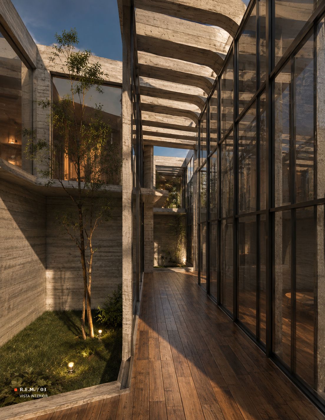 Render de un pasillo con piso de madera junto a un patio con árbol