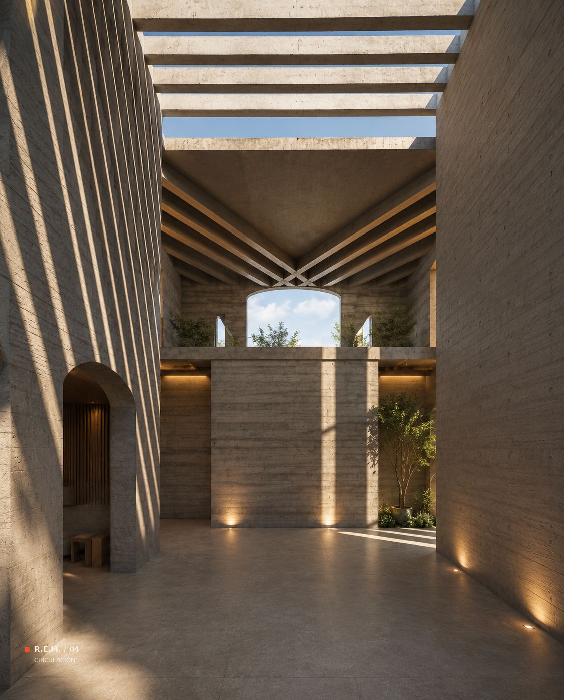 Render de una circulación de doble altura con luz cenital entre muros de concreto