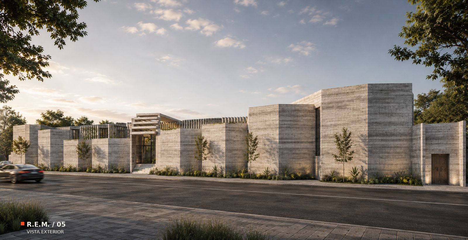 Render de la vista exterior de la residencia estudiantil desde la calle, con muros de concreto aparente y vegetación