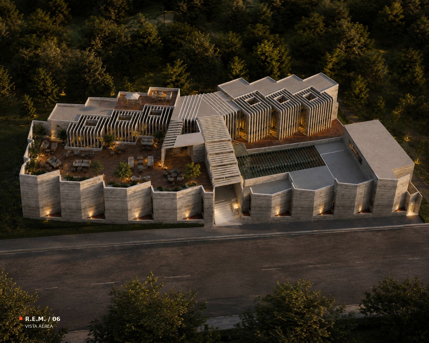 Render de la vista aérea de la residencia con terrazas, celosías y patios