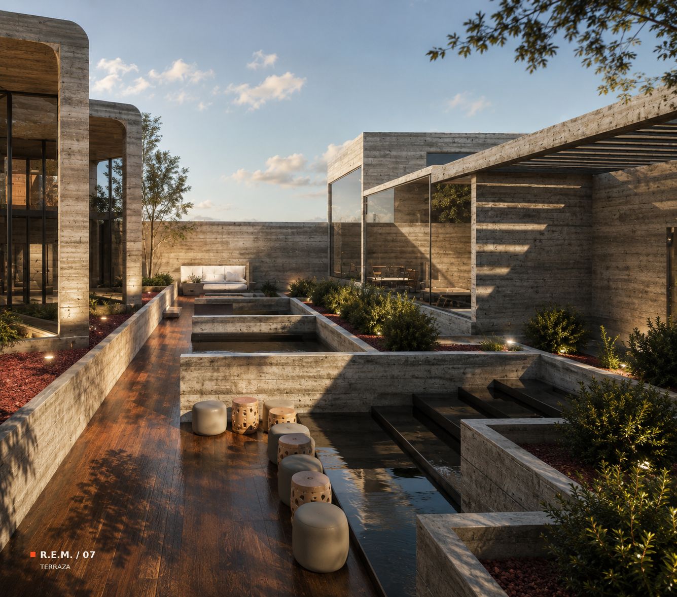 Render de una terraza con espejos de agua y deck de madera entre muros de concreto